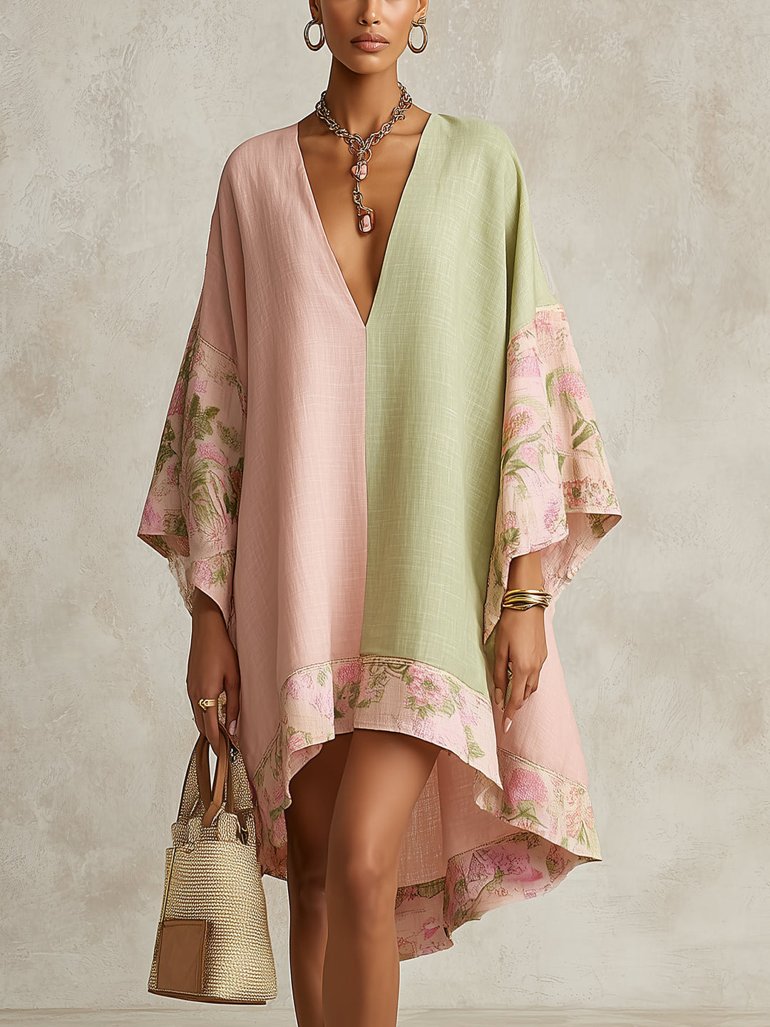 Robe midi bicolore vert et rose à bordure fleurie