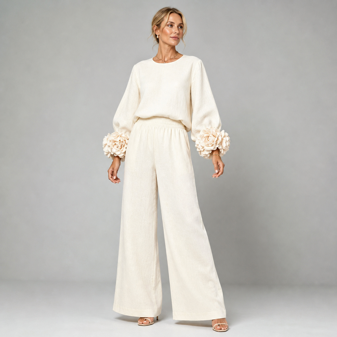 Ensemble Haut à Manches Fleuries et Pantalon Large