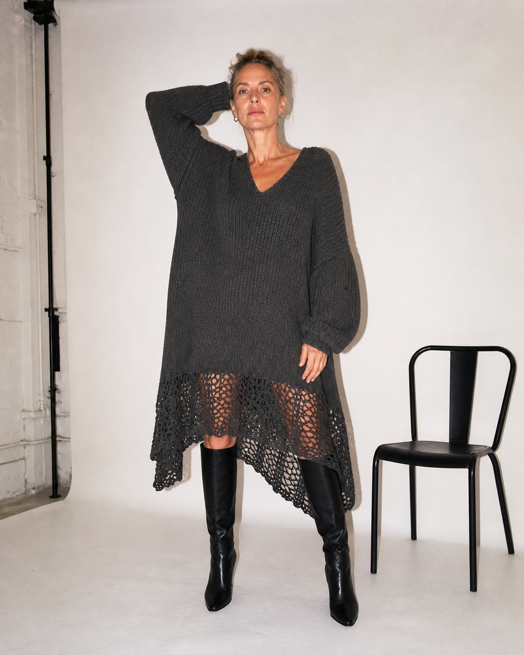 Robe Midi Manches Longues Gris Anthracite