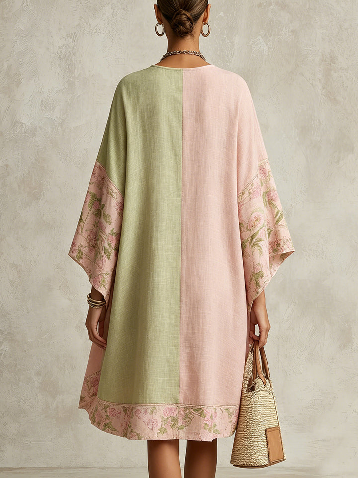 Robe midi bicolore vert et rose à bordure fleurie