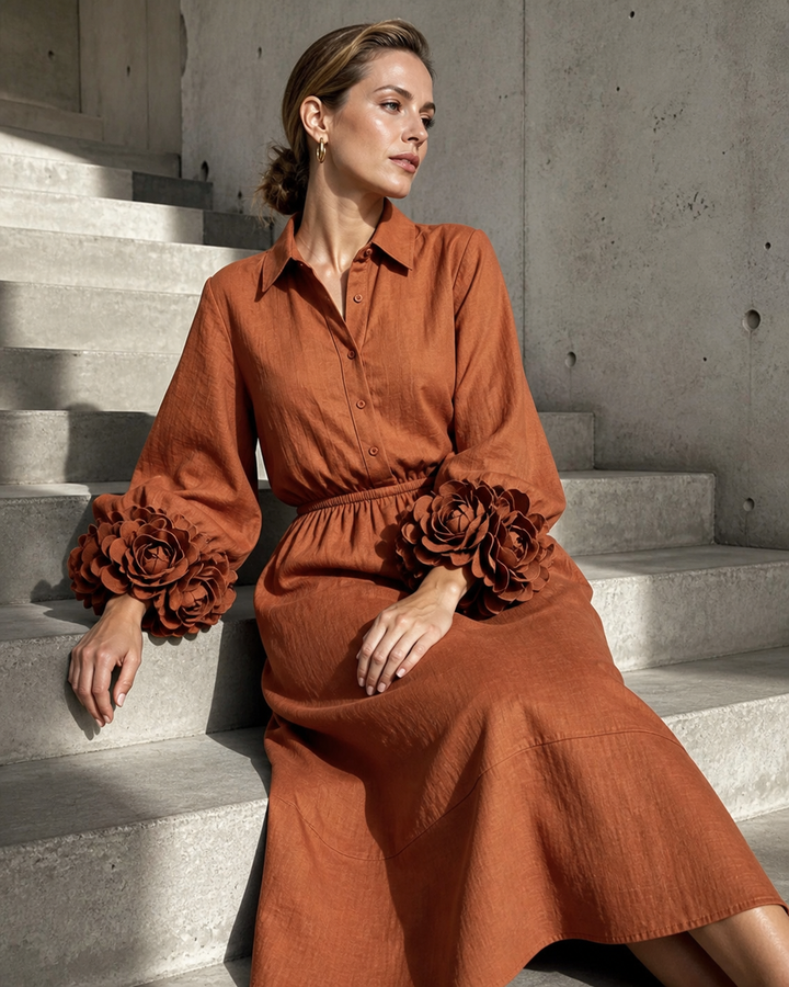 Robe Chemise à Col avec Manches Roses 3D