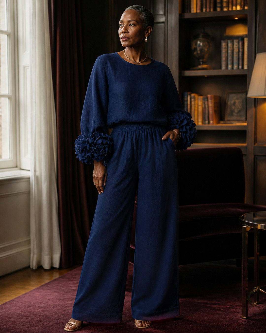 Ensemble Haut à Manches Fleuries et Pantalon Large