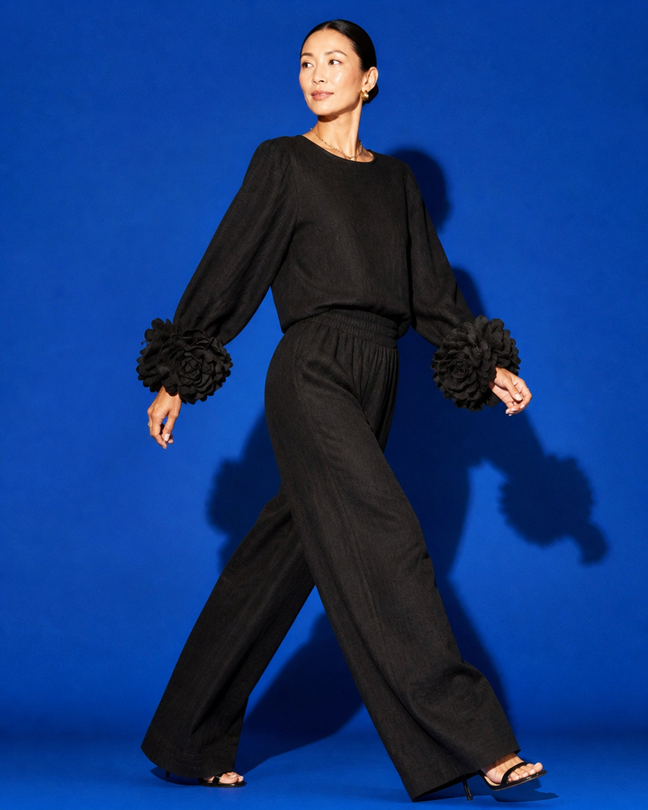 Ensemble Haut à Manches Fleuries et Pantalon Large