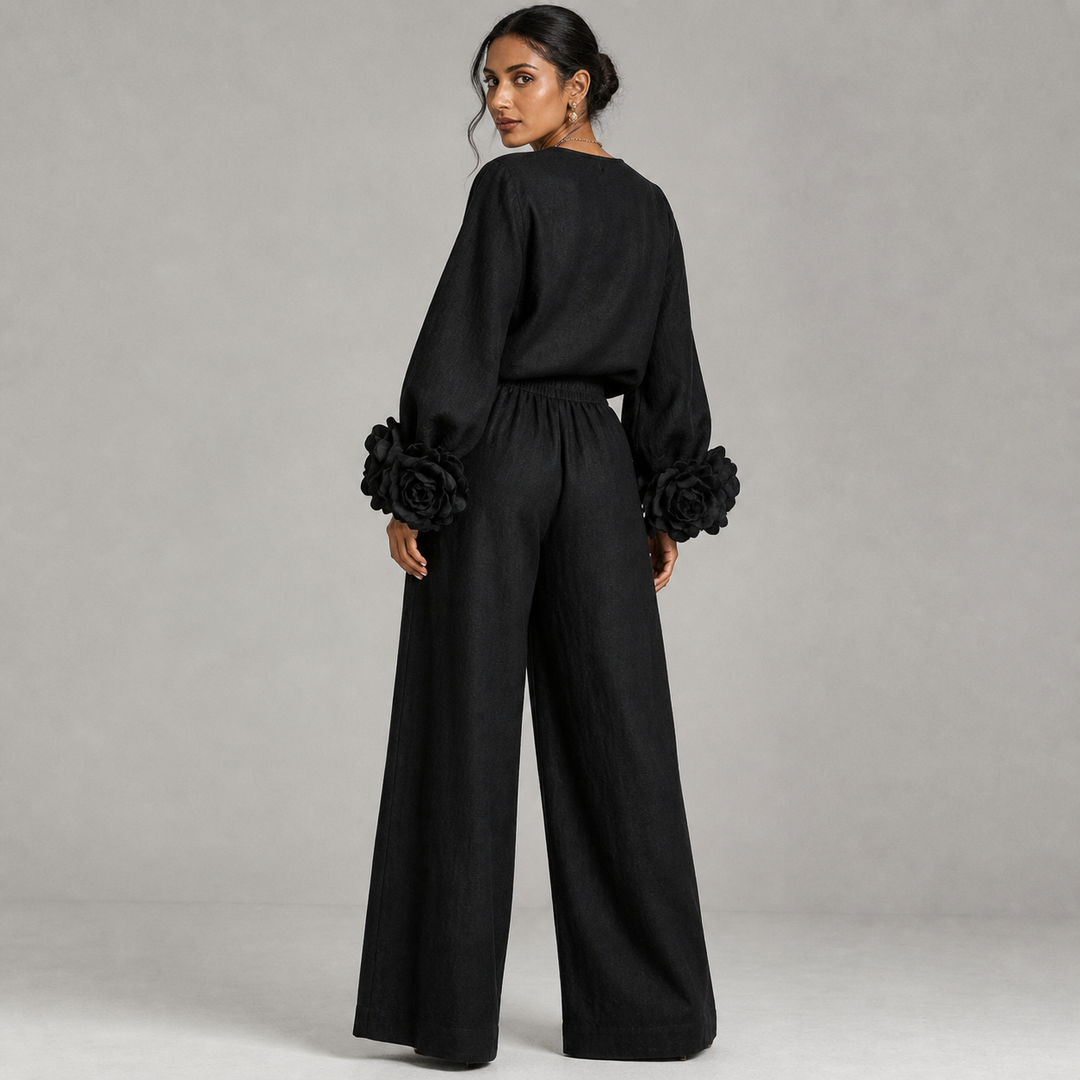 Ensemble Haut à Manches Fleuries et Pantalon Large