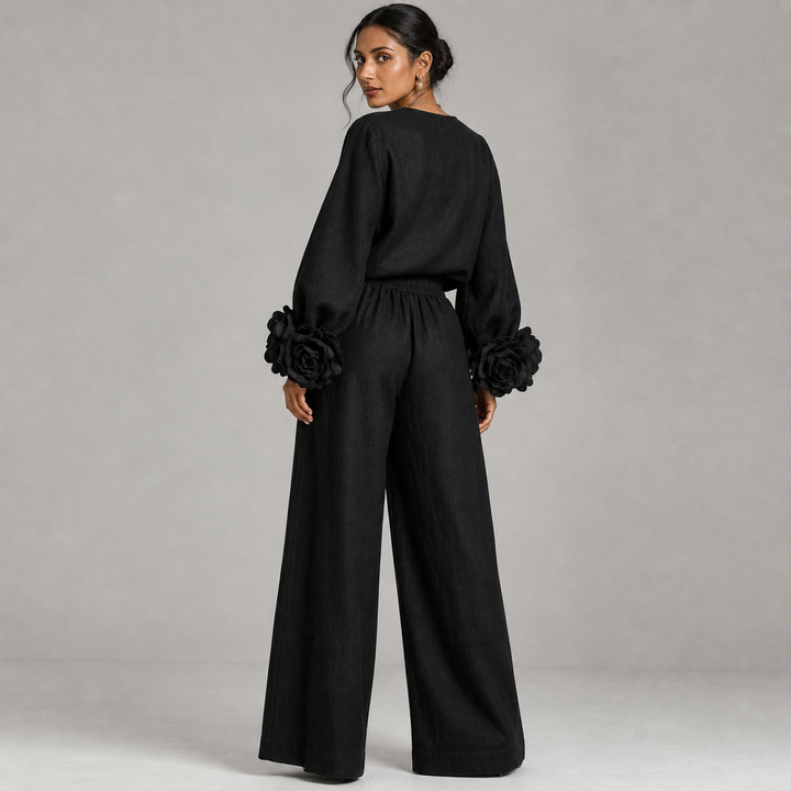 Ensemble Haut à Manches Fleuries et Pantalon Large