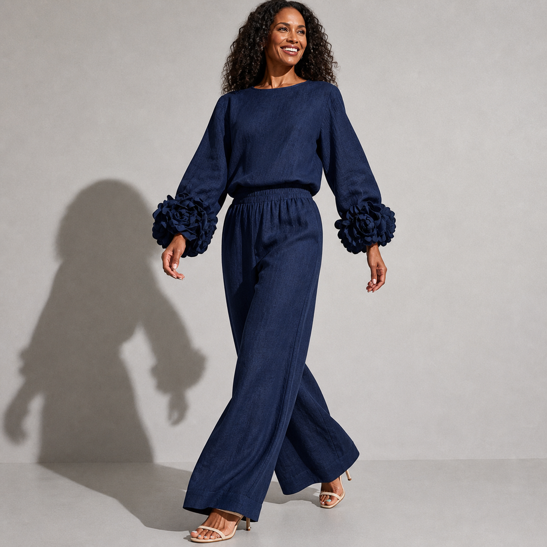 Ensemble Haut à Manches Fleuries et Pantalon Large