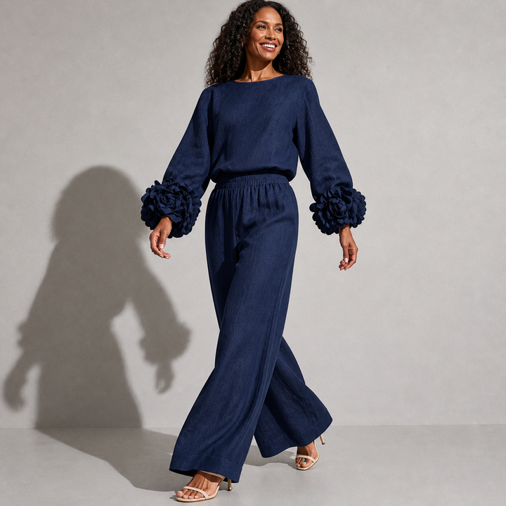 Ensemble Haut à Manches Fleuries et Pantalon Large