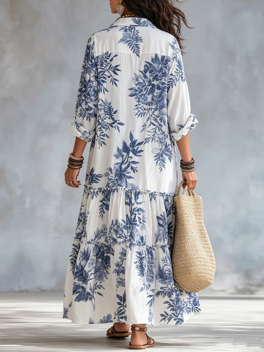 Robe Longue Bohème Fleurie Bleue