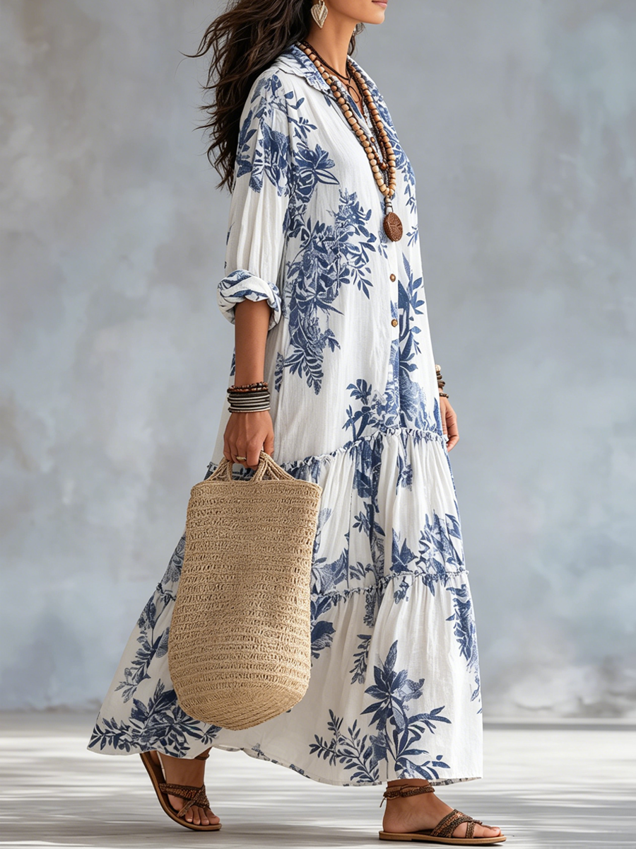 Robe Longue Bohème Fleurie Bleue