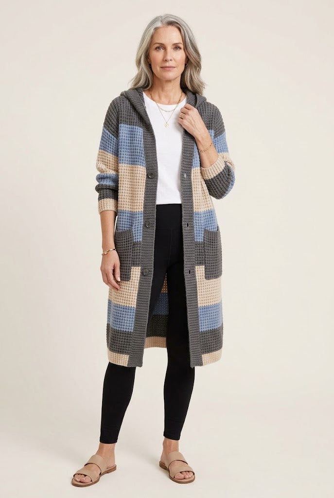 Cardigan mi-long à capuche en grosse maille