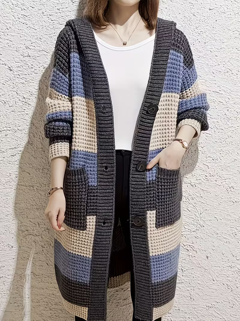 Cardigan mi-long à capuche en grosse maille