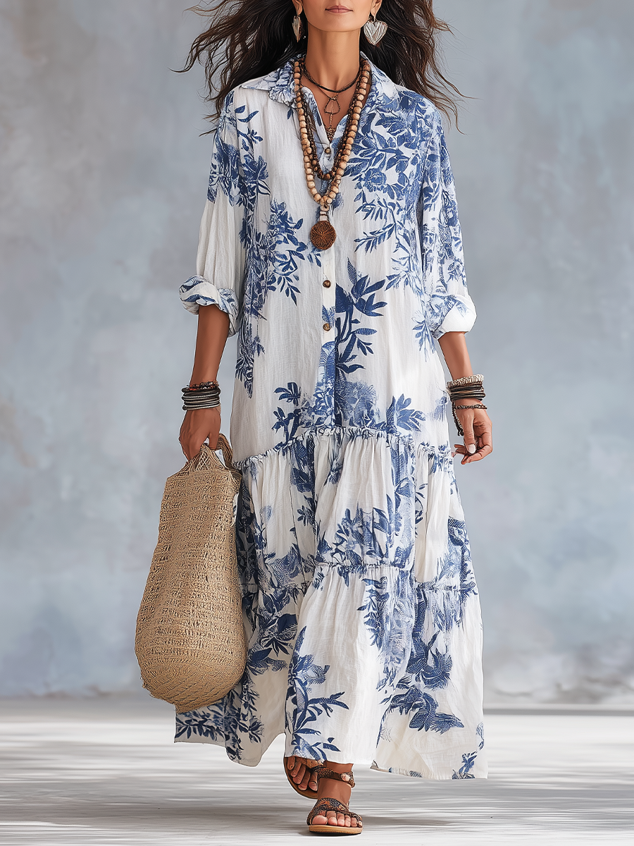 Robe Longue Bohème Fleurie Bleue