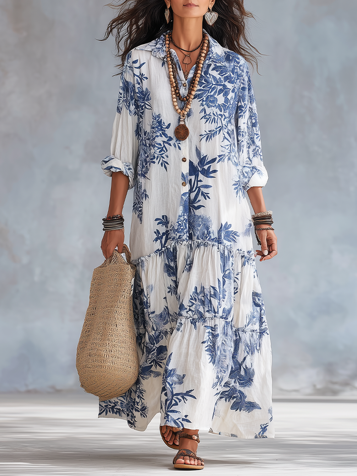 Robe Longue Bohème Fleurie Bleue