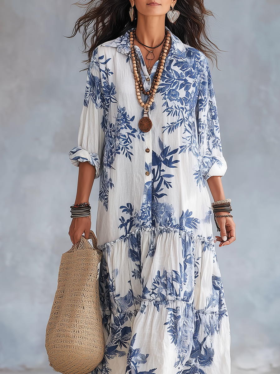 Robe Longue Bohème Fleurie Bleue