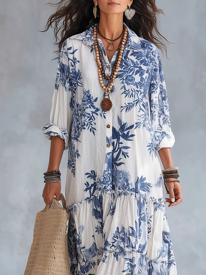 Robe Longue Bohème Fleurie Bleue