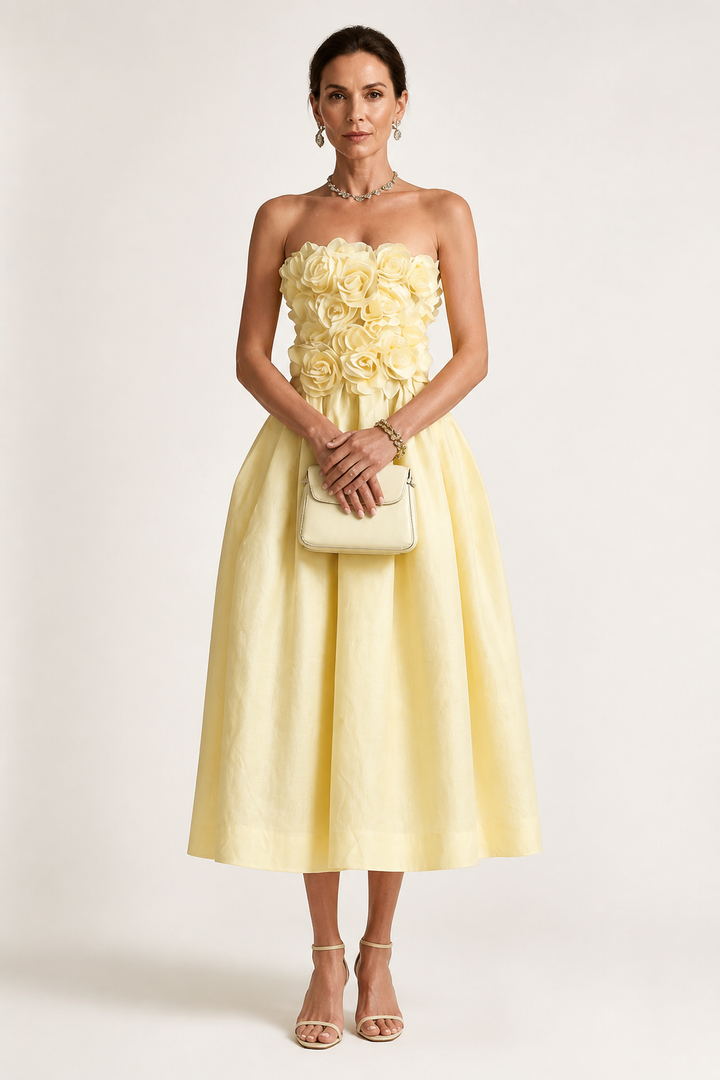 Robe Midi Bustier à Rosettes 3D