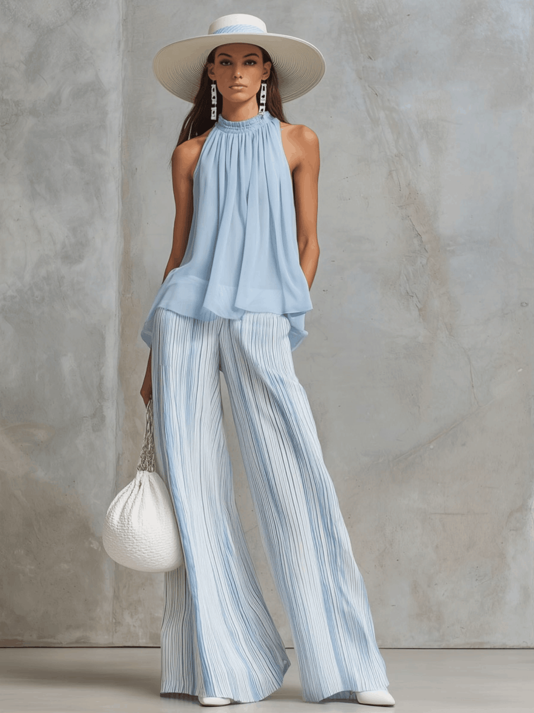 Ensemble Pantalon en Mousseline Bleu Côtier