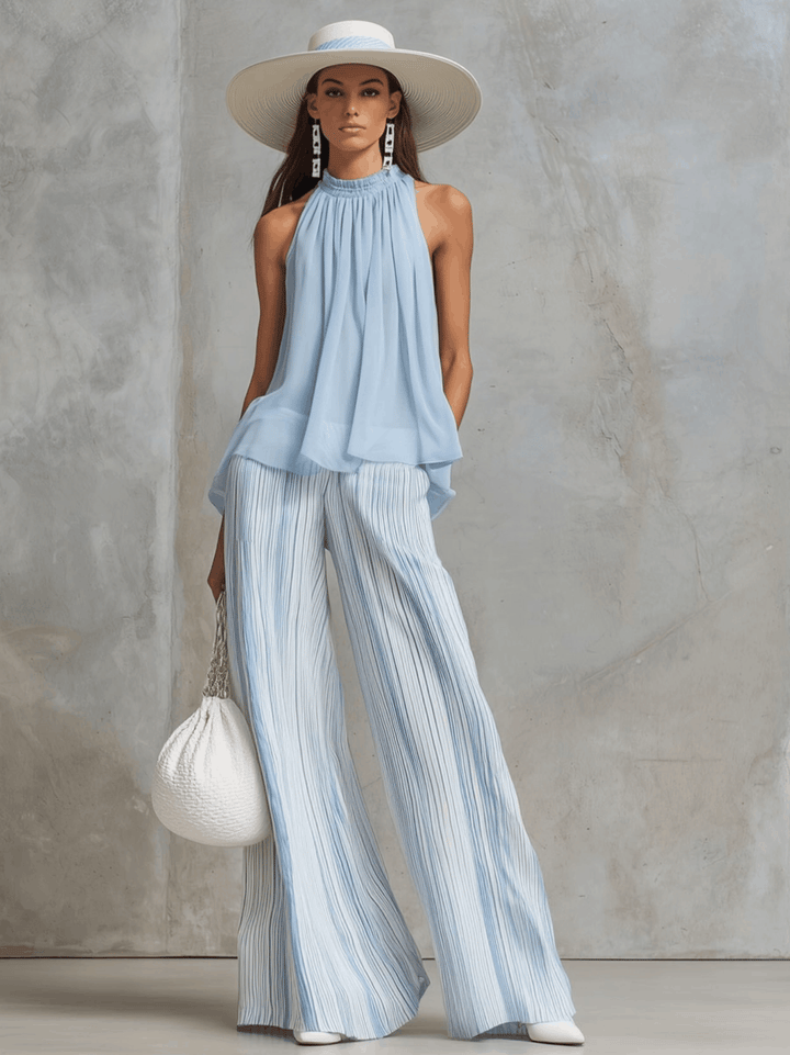 Ensemble Pantalon en Mousseline Bleu Côtier