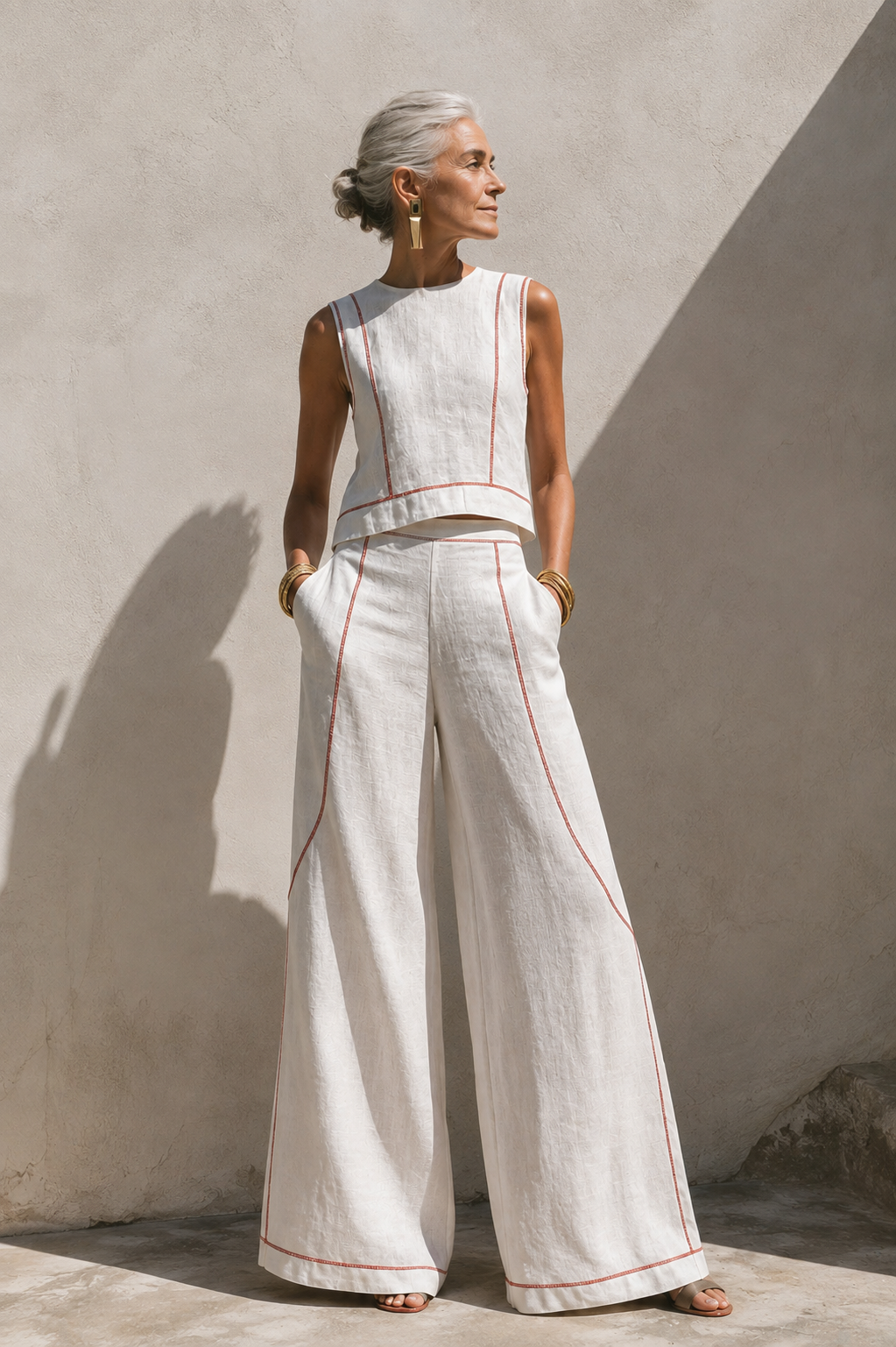 Ensemble Pantalon Élégant à Coutures Contrastées