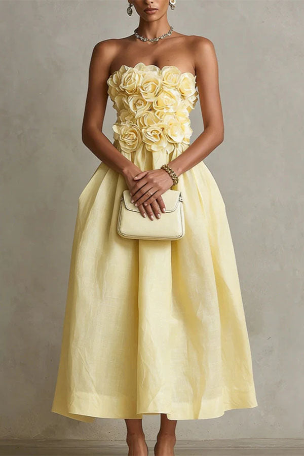 Robe Midi Bustier à Rosettes 3D