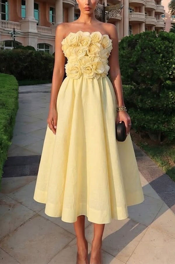 Robe Midi Bustier à Rosettes 3D