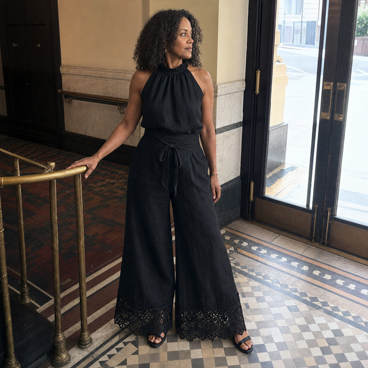 Ensemble Pantalon Noir Bordé de Dentelle
