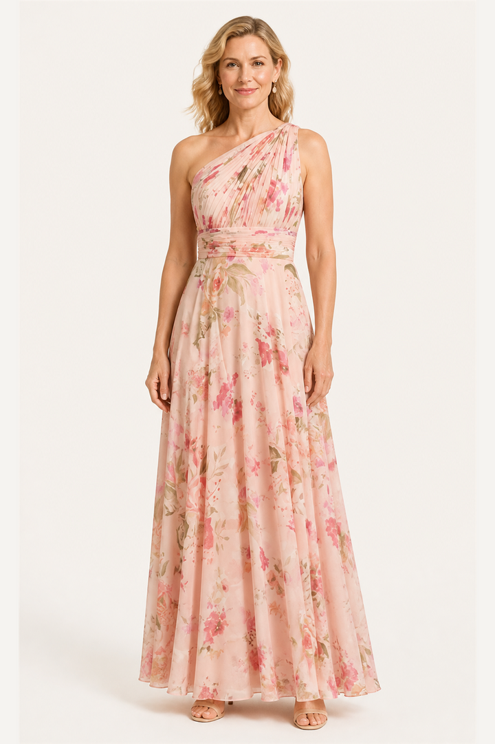 Robe Longue Rose Poudré Une Épaule