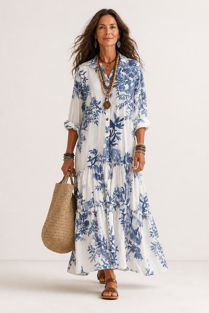 Robe Longue Bohème Fleurie Bleue