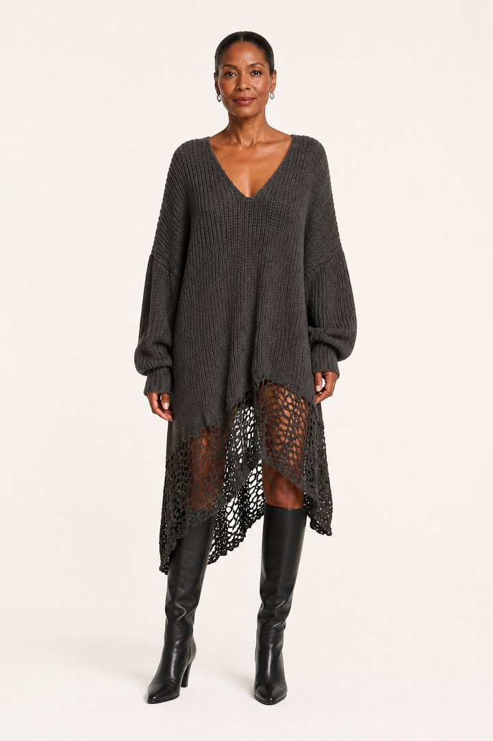 Robe Midi Manches Longues Gris Anthracite