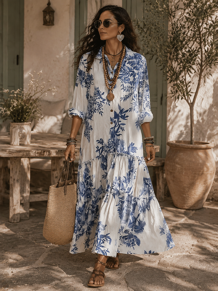 Robe Longue Bohème Fleurie Bleue