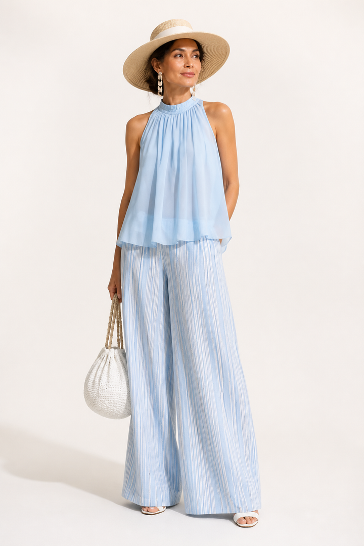Ensemble Pantalon en Mousseline Bleu Côtier