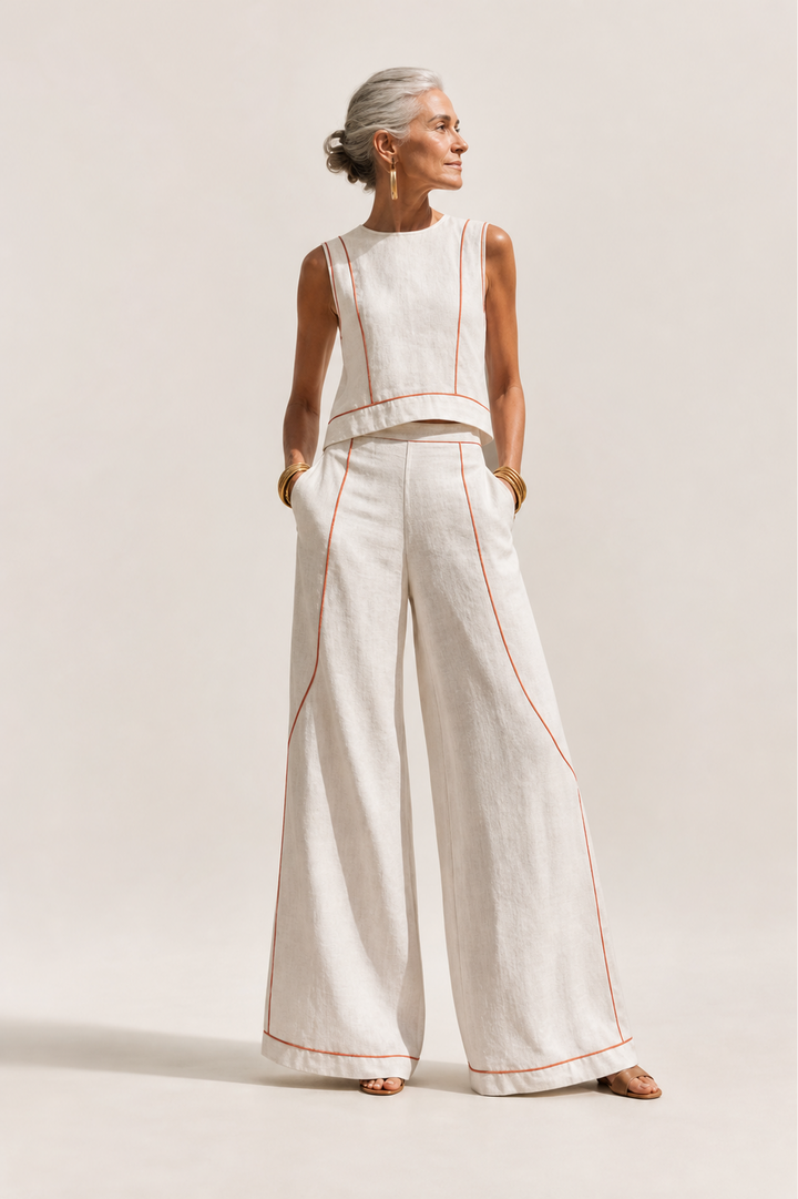 Ensemble Pantalon Élégant à Coutures Contrastées