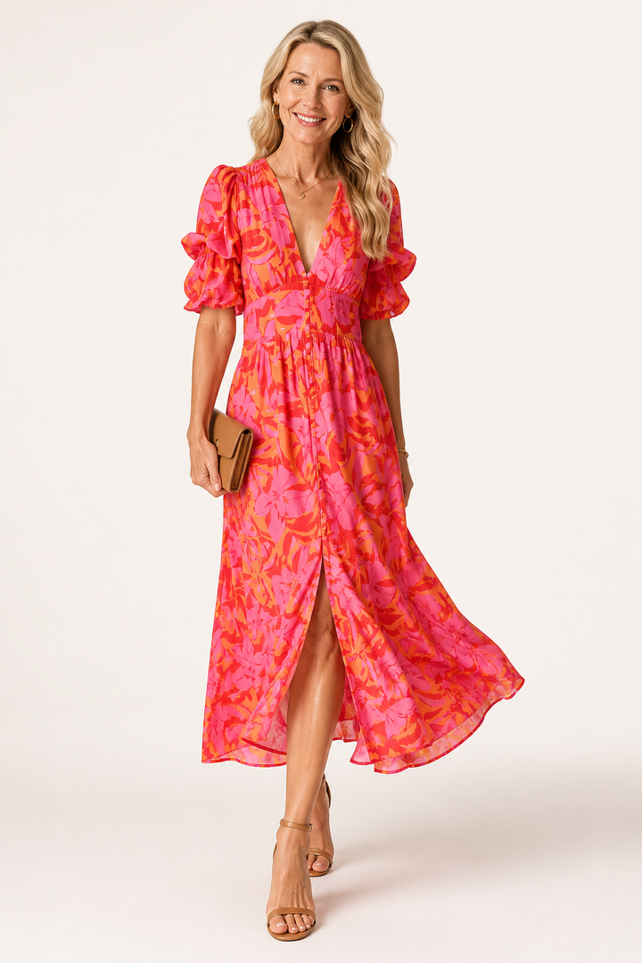 Robe midi fleurie élégante à col en V