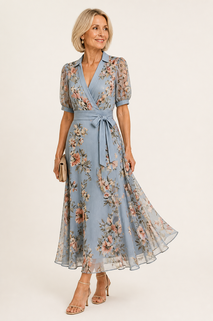 Robe midi fleurie à ceinture nouée
