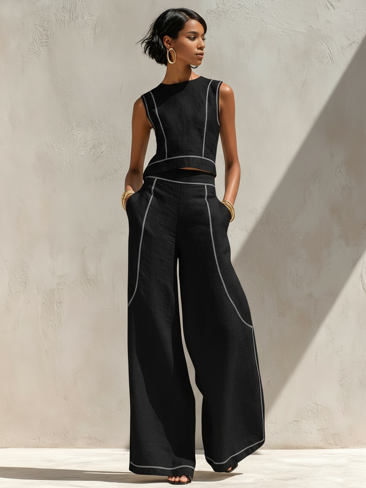 Ensemble Pantalon Élégant à Coutures Contrastées