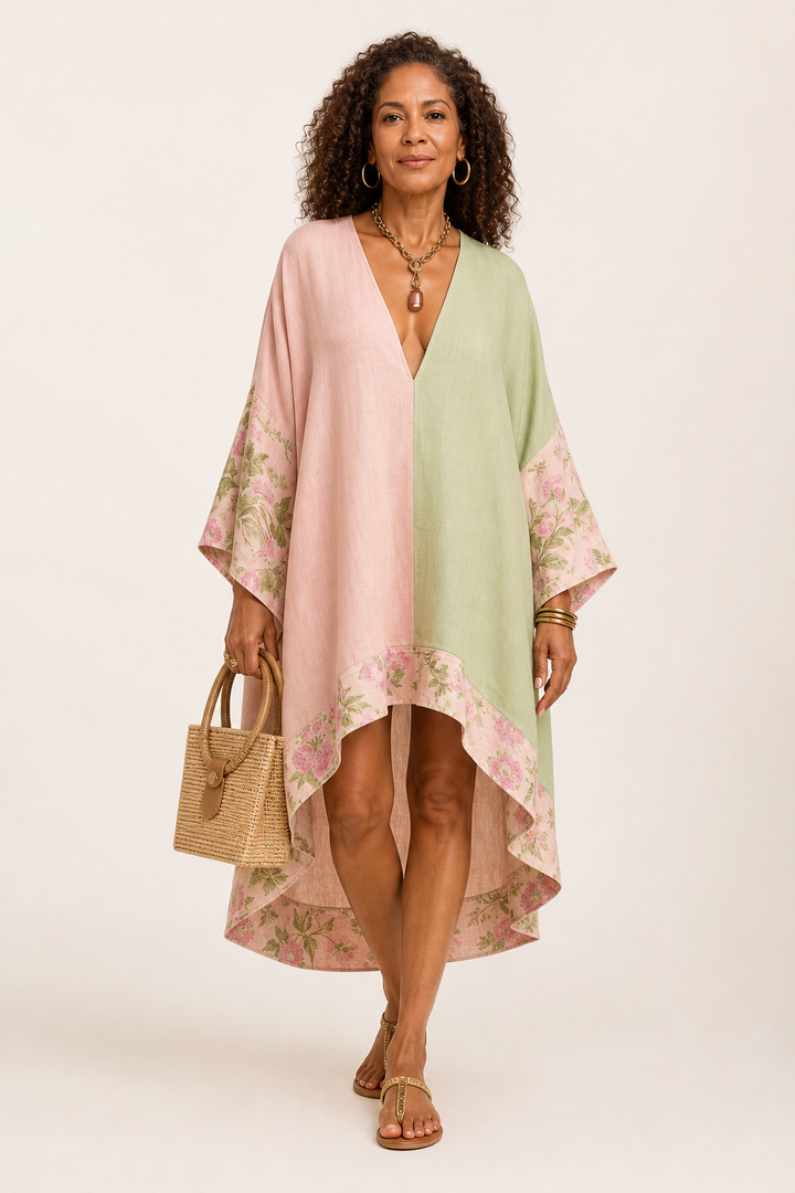 Robe midi bicolore vert et rose à bordure fleurie