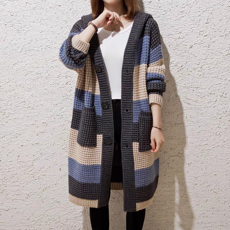 Cardigan mi-long à capuche en grosse maille