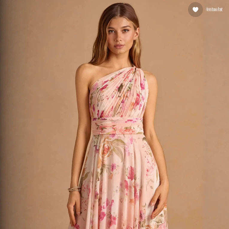 Robe Longue Rose Poudré Une Épaule