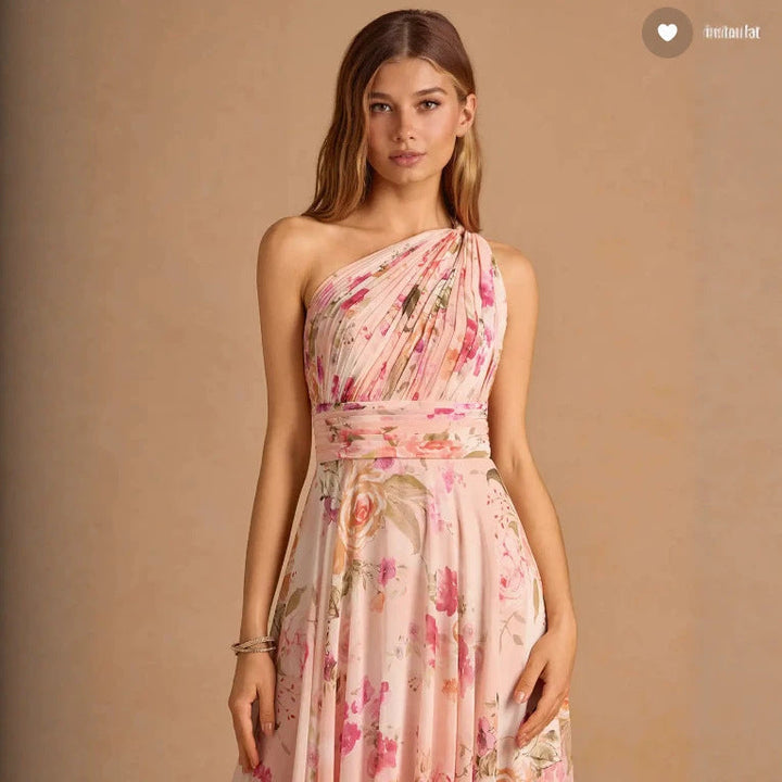 Robe Longue Rose Poudré Une Épaule