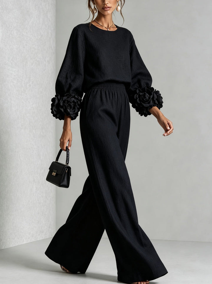 Ensemble Haut à Manches Fleuries et Pantalon Large