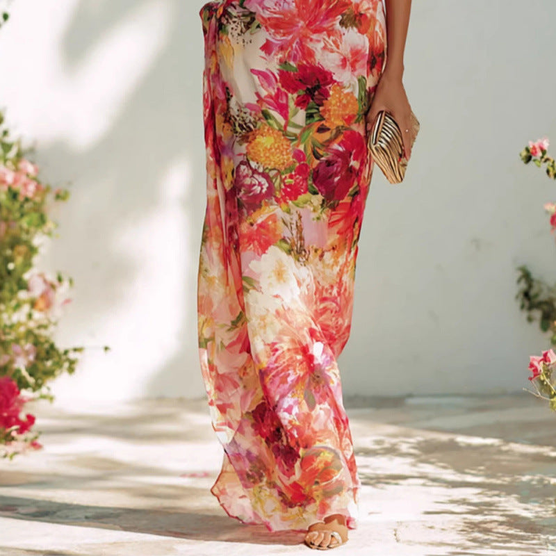 Robe Longue Fleurie Col Montant
