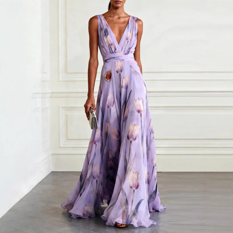Robe Longue Fleurie Col en V