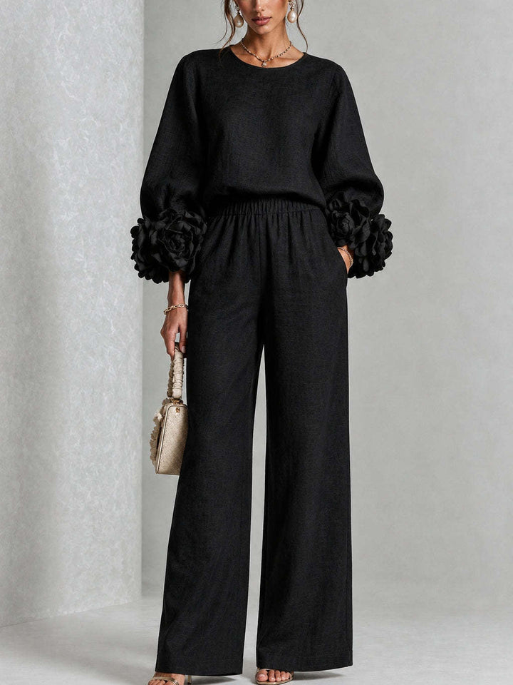 Ensemble Haut à Manches Fleuries et Pantalon Large