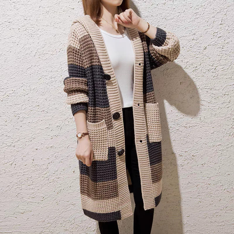 Cardigan mi-long à capuche en grosse maille