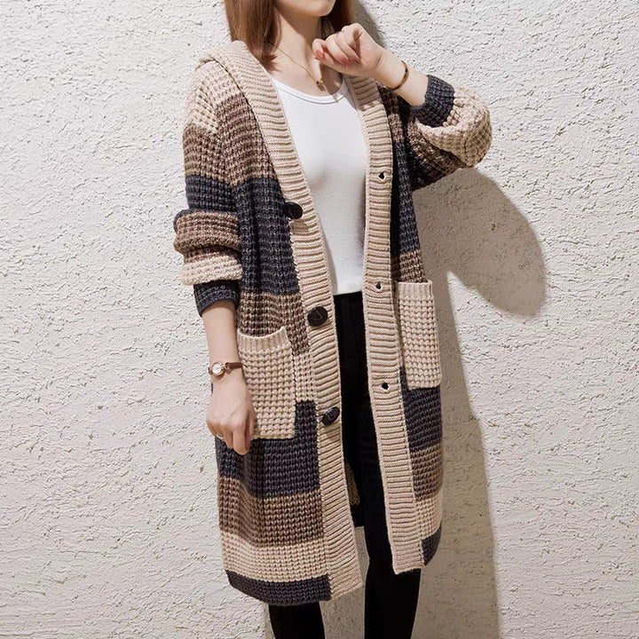Cardigan mi-long à capuche en grosse maille