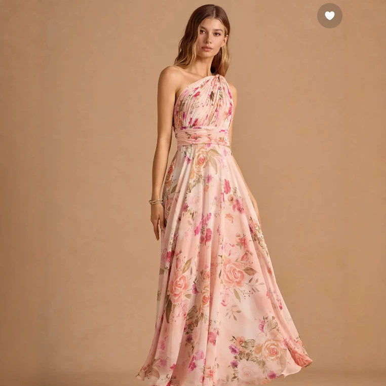 Robe Longue Rose Poudré Une Épaule