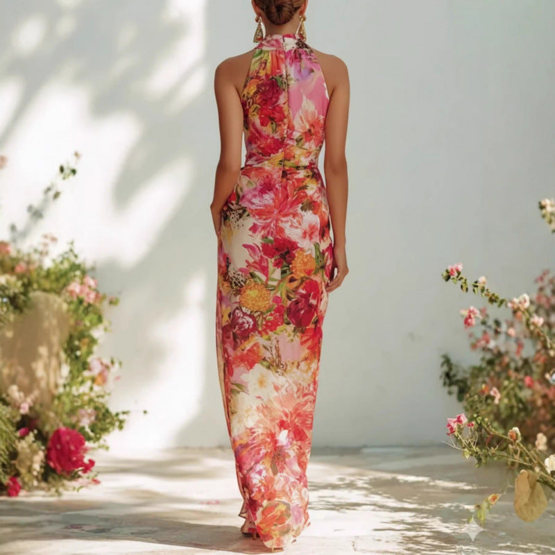 Robe Longue Fleurie Col Montant