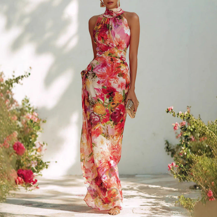 Robe Longue Fleurie Col Montant