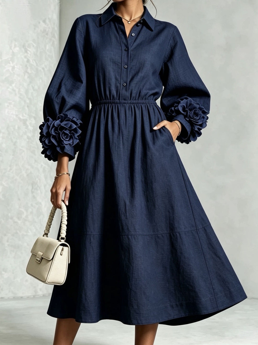 Robe Chemise à Col avec Manches Roses 3D
