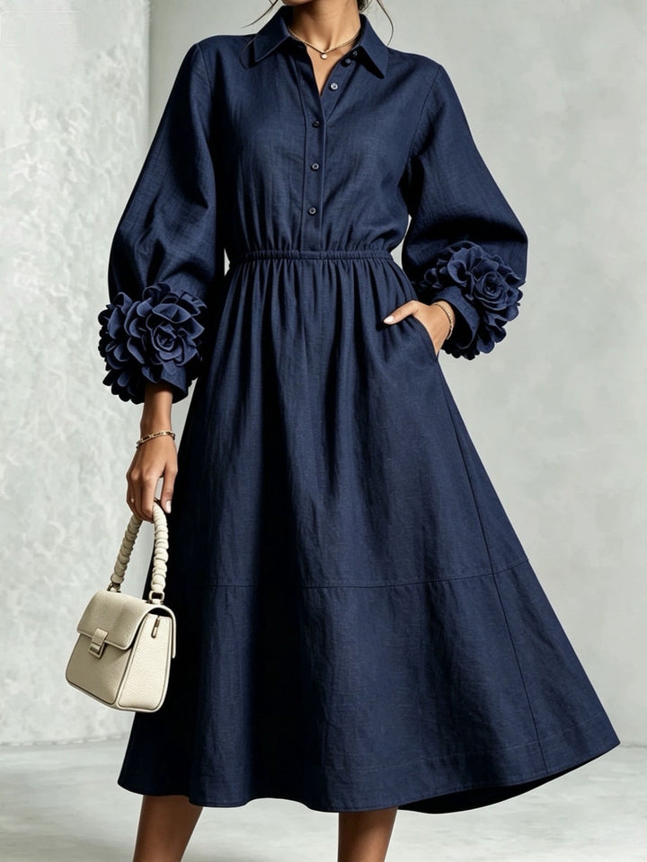 Robe Chemise à Col avec Manches Roses 3D